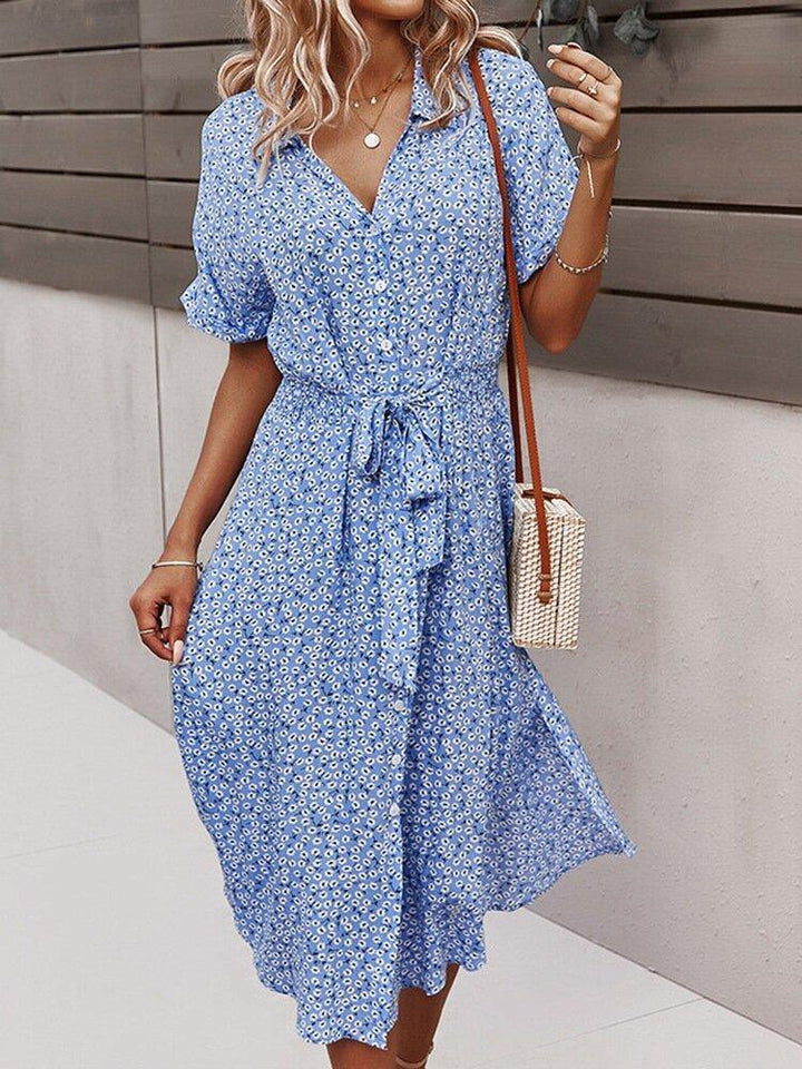 Floral Print Lapel Button Knotted Short Sleeve Dress For Women - Trendha