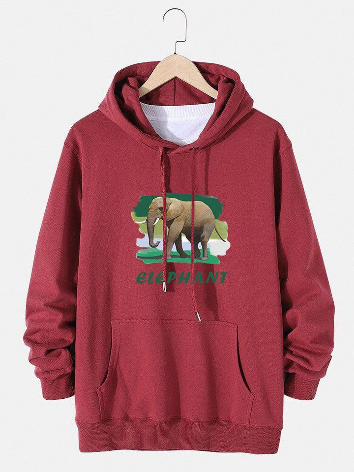 Mens Elephant Letter Graphic Cotton Drawstring Hoodies With Pouch Pocket - Trendha
