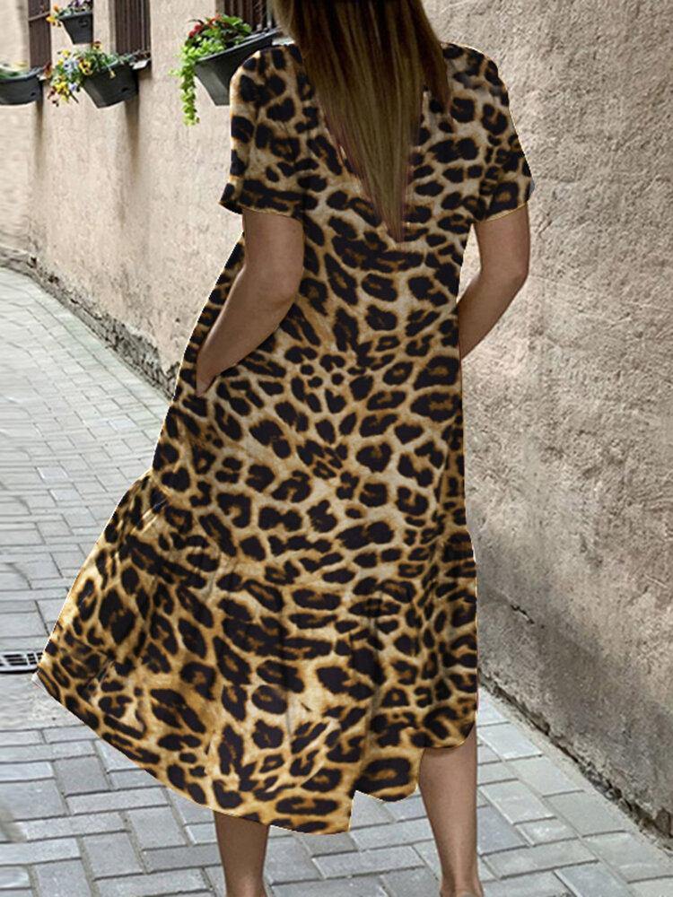 Casual Leopard Print Round Neck Loose Irregular Hem Dress With Pocket - Trendha