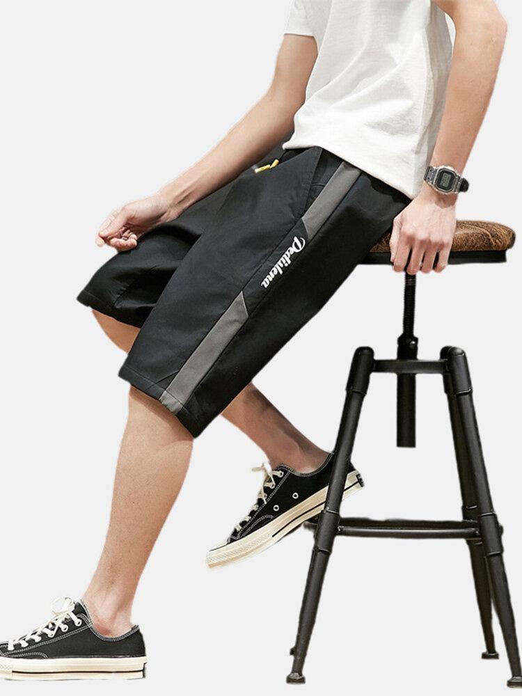 Mens Cotton Side Letter Print Contrast Color Casual Shorts With Pocket - Trendha