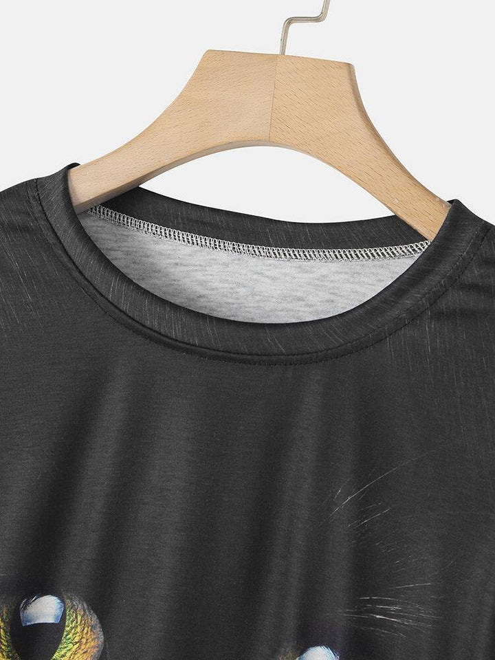 Women Black Cat Print Round Neck Pullover Long Sleeve Sweatshirts - Trendha