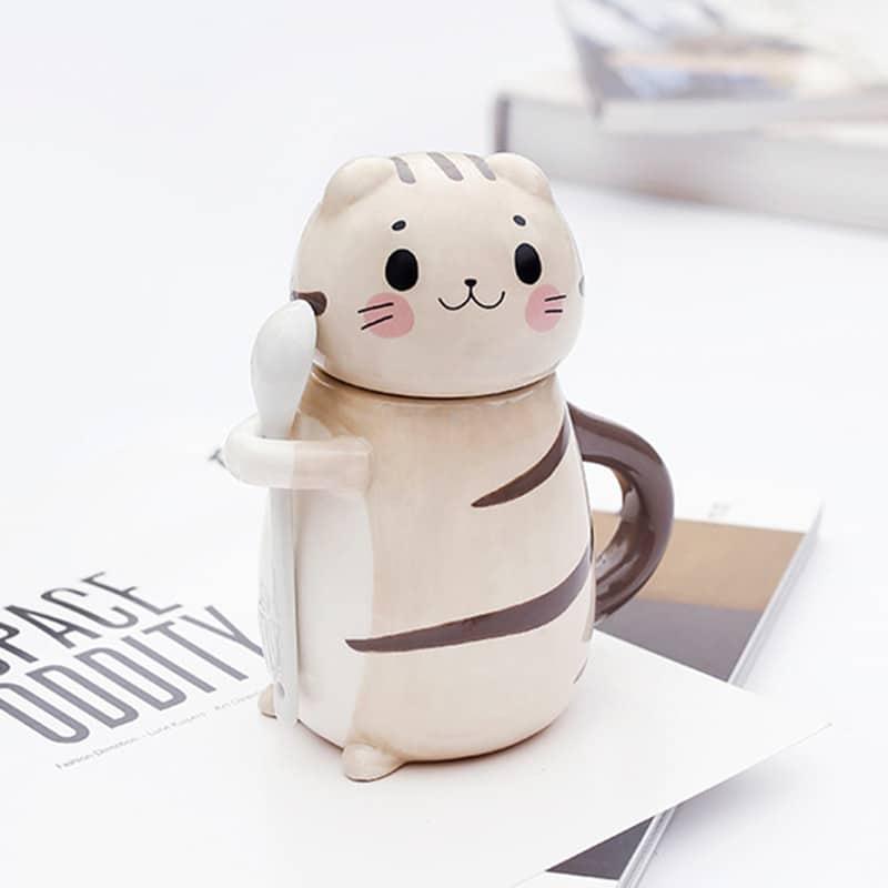 Cute Cat Shaped Ceramic Coffee Mug with Spoon - Trendha
