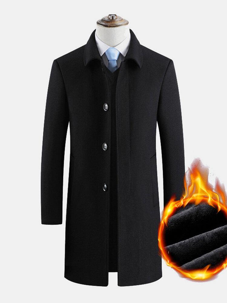 Mens Solid Color Thick Warm Single-Breasted Business Woolen Cloth Trench Coats - Trendha