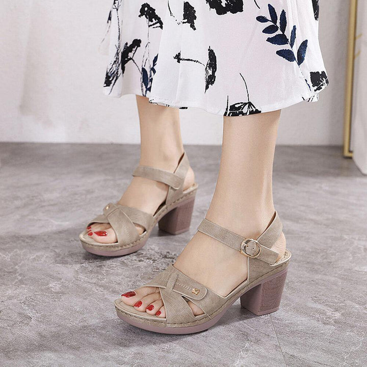 Women Casual Solid Color Stitching Hasp Chunky Heel Stripe Sandals - Trendha