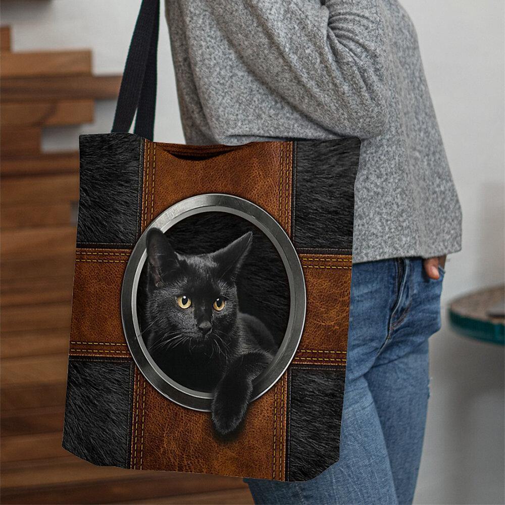 Women Canvas Cute Cartoon Black Cat Print Handbag Tote Shoulder Bag - Trendha