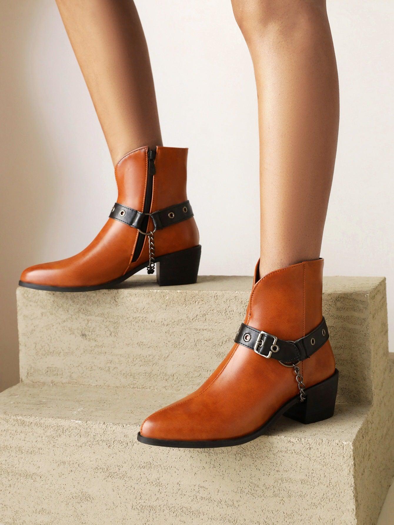 Martin Boots Belt Buckle Mid-heel Rivet Women's Shoes - Trendha