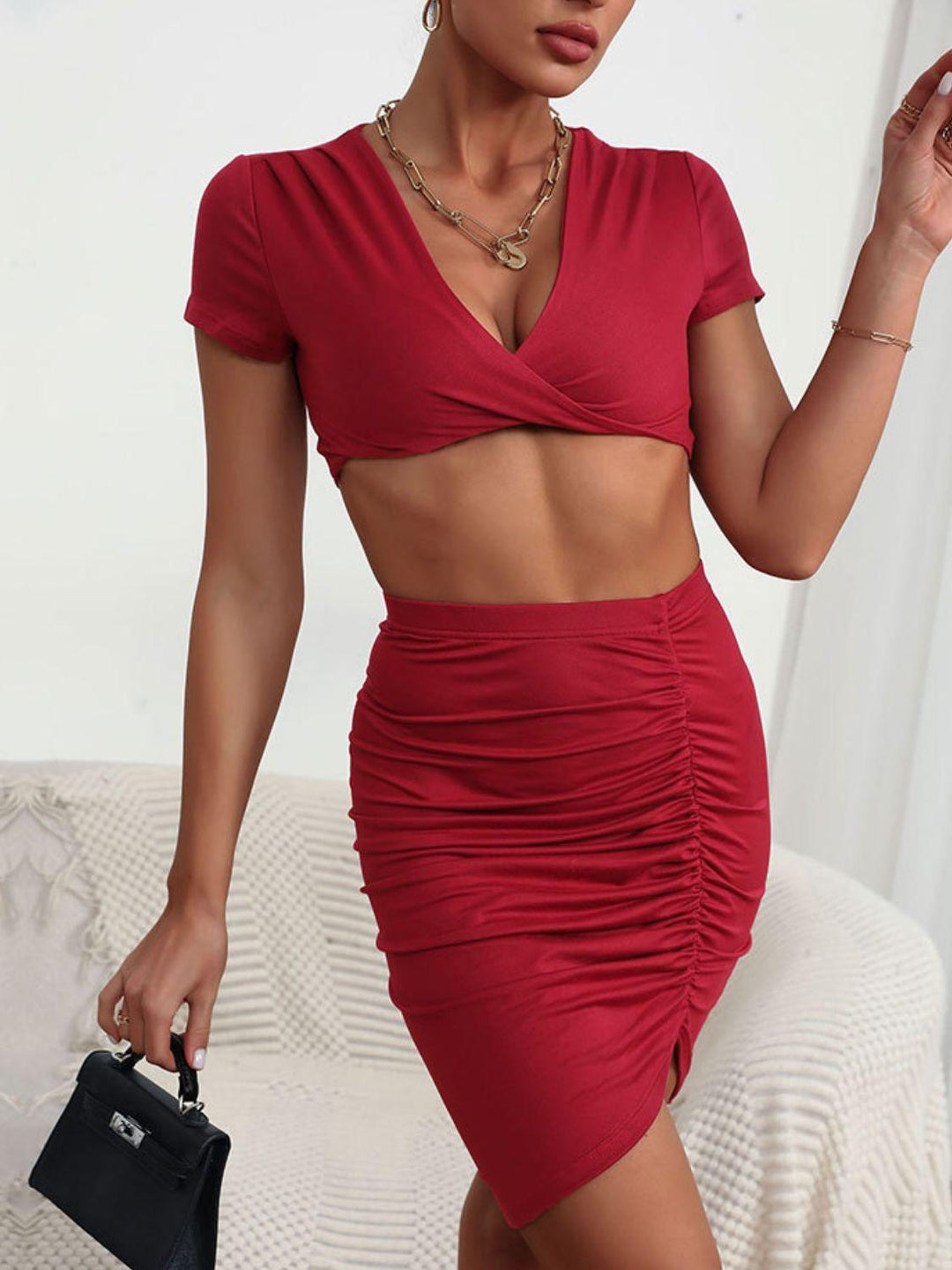 Twisted Deep V Cropped Top and Ruched Skirt Set - Trendha