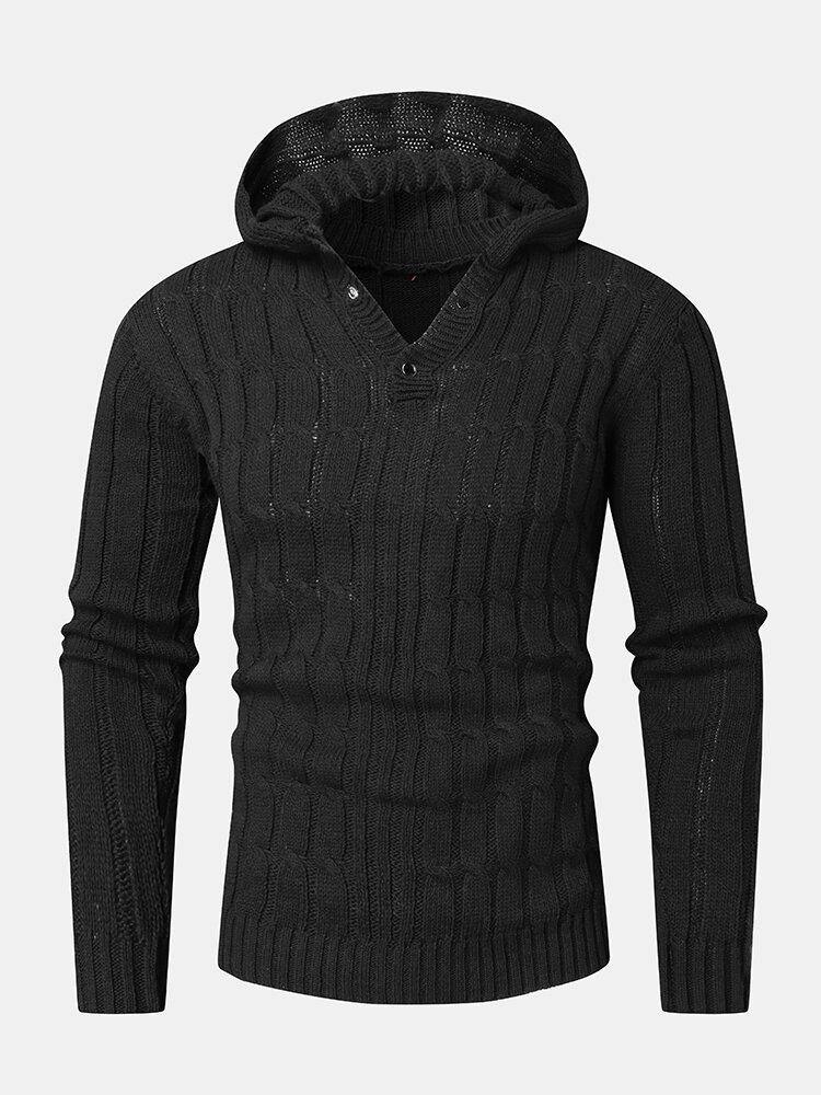 Mens Cable Solid Color Long Sleeve Warm Knitting Hooded Sweaters - Trendha
