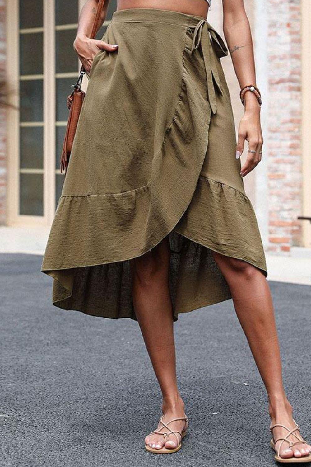 Elastic Waist Ruffled Skirt with Pockets - Trendha