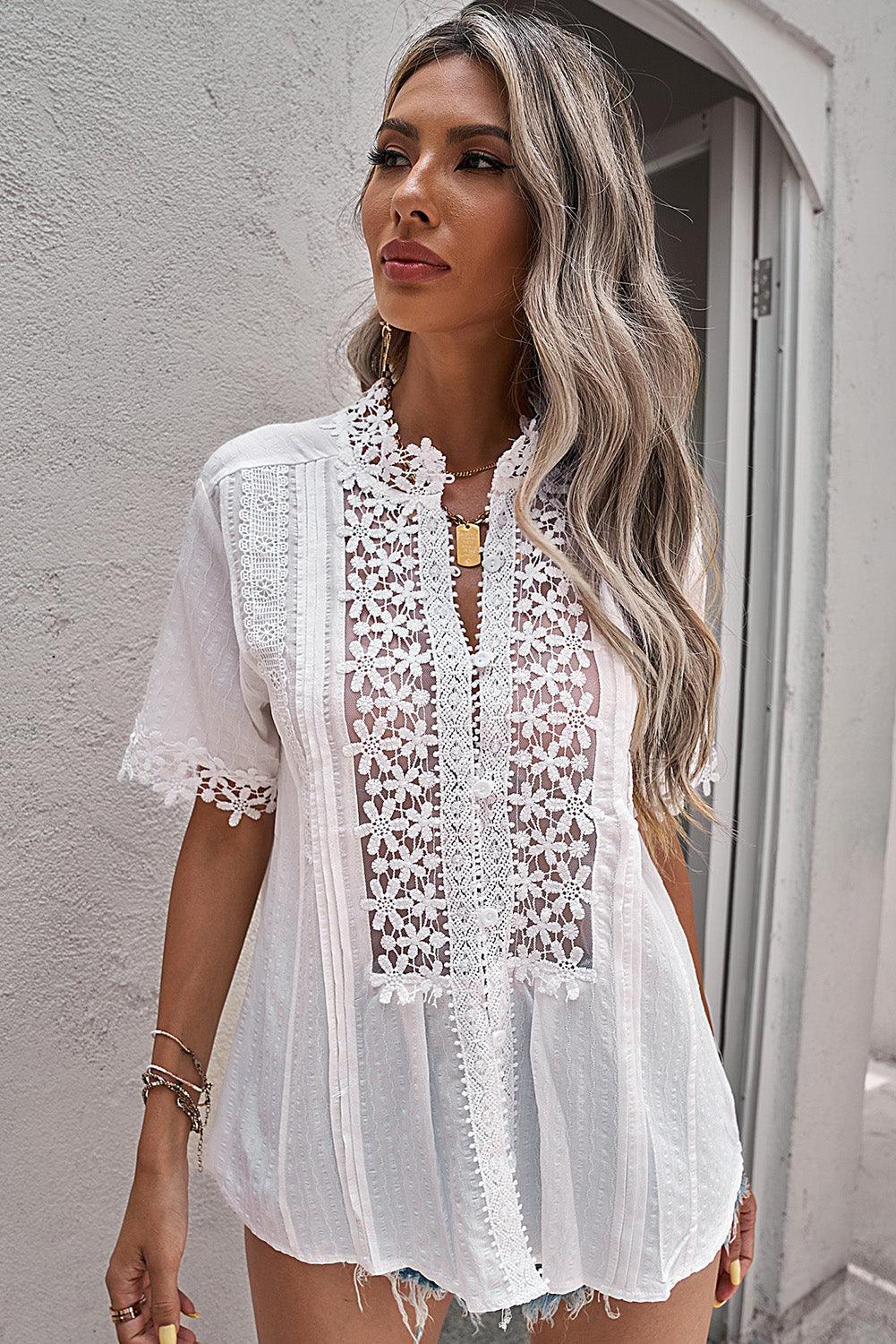 Buttoned Spliced Lace Blouse - Trendha