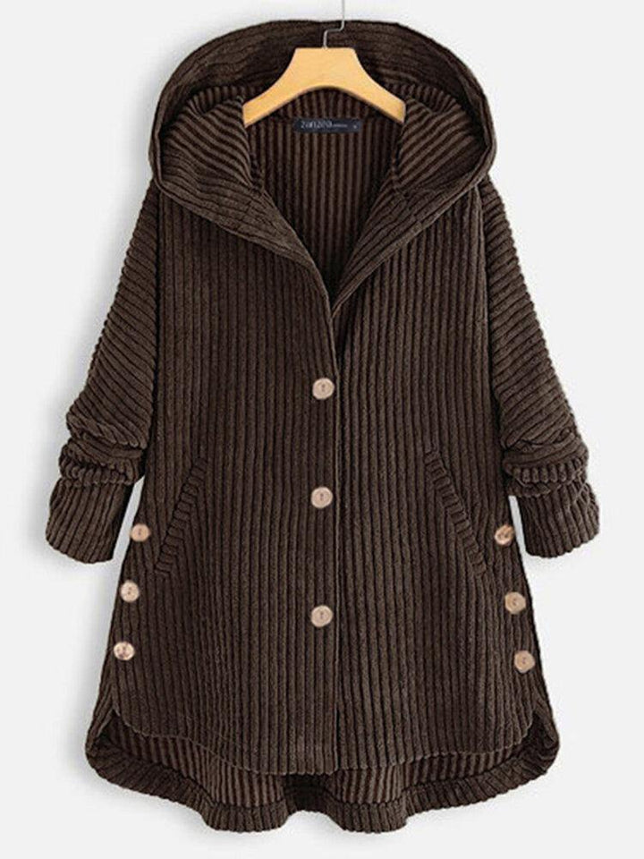 Women Corduroy Solid Color Side Button Coats Long Sleeve Hooded Jacket With Pocket - Trendha