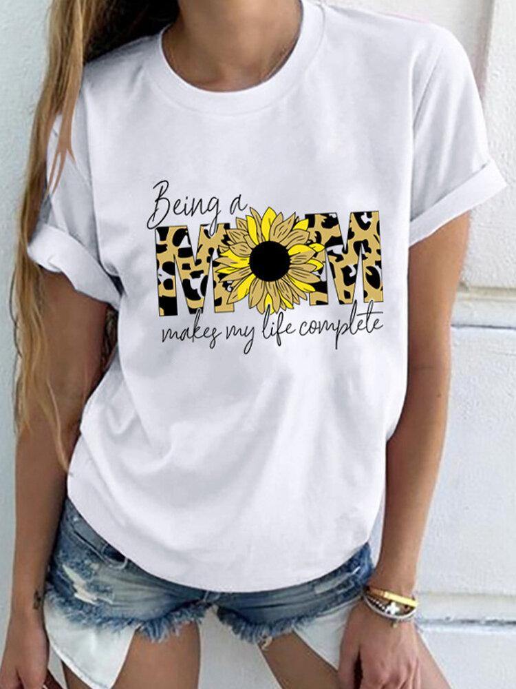 Flower Leopard Letter Print Short Sleeve O-neck T-shirts For Women - Trendha