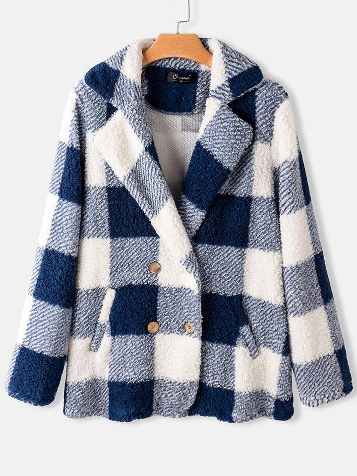 Women Plaid Warm Fluffy Plush Double Breasted Coat With Pocket - Trendha