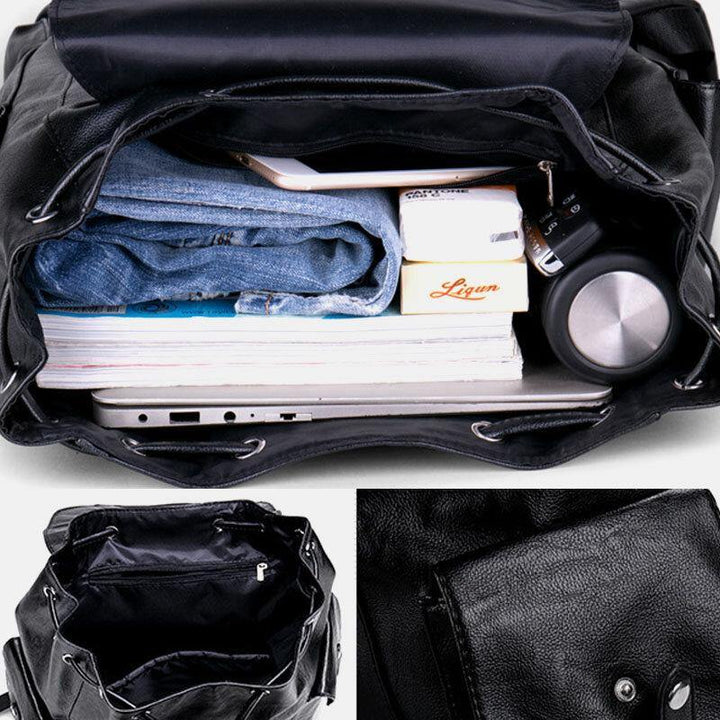 Men Retro Faux Leather Large Capacity Waterproof School Bag Travel Backpack - Trendha