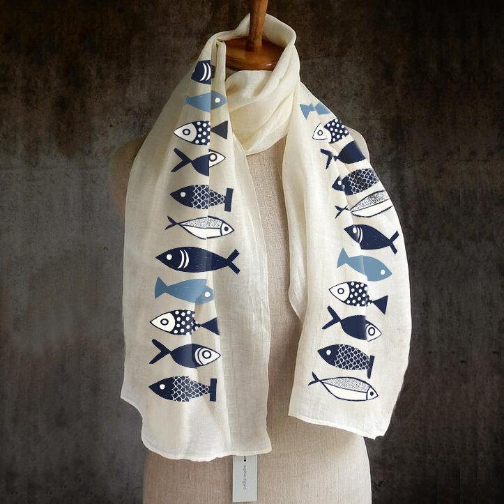 Women Solid Color Fishes Printing Pattern Linen Long Scarf Shawl Wrap Multi-purpose Elegant Neck Wrap Warm Scarf - Trendha