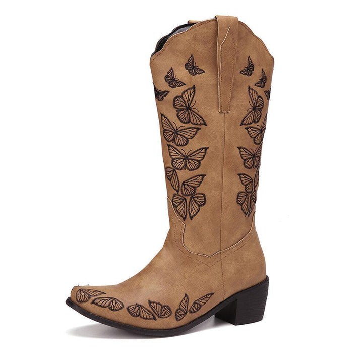 Plus Size Women Retro Butterfly Embroidered Mid Calf Cowboy Boots - Trendha