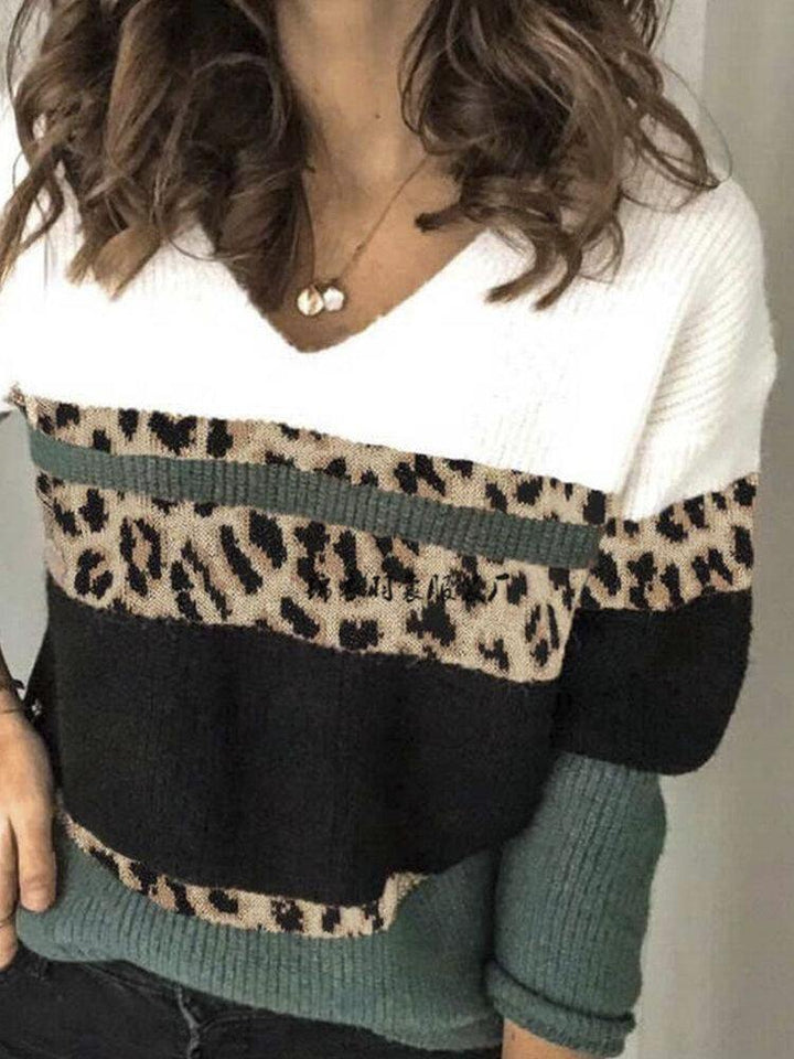 Women Leopard Colorblock V-Neck Pullover Sweaters - Trendha