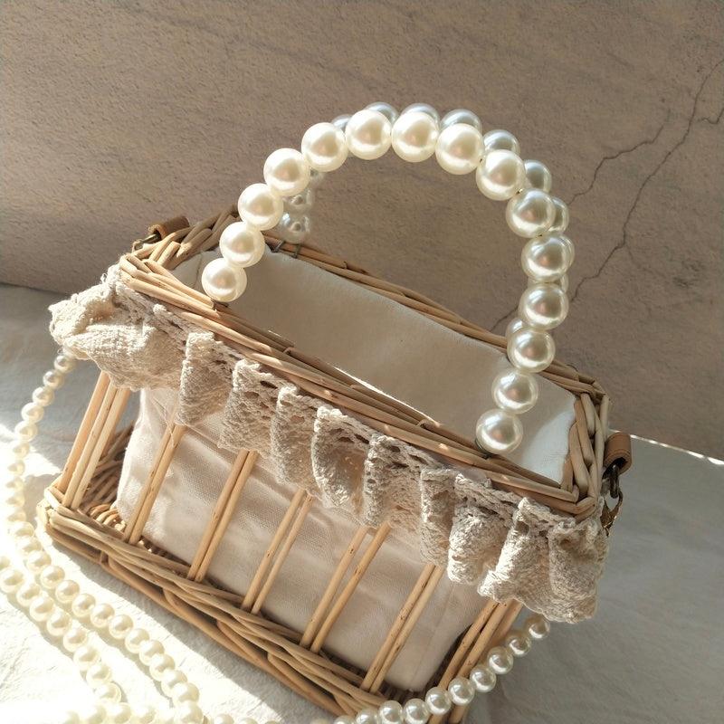 Handbag Chain Homemade Bag Pearl Woven Rattan Square Bag Straw Woven - Trendha