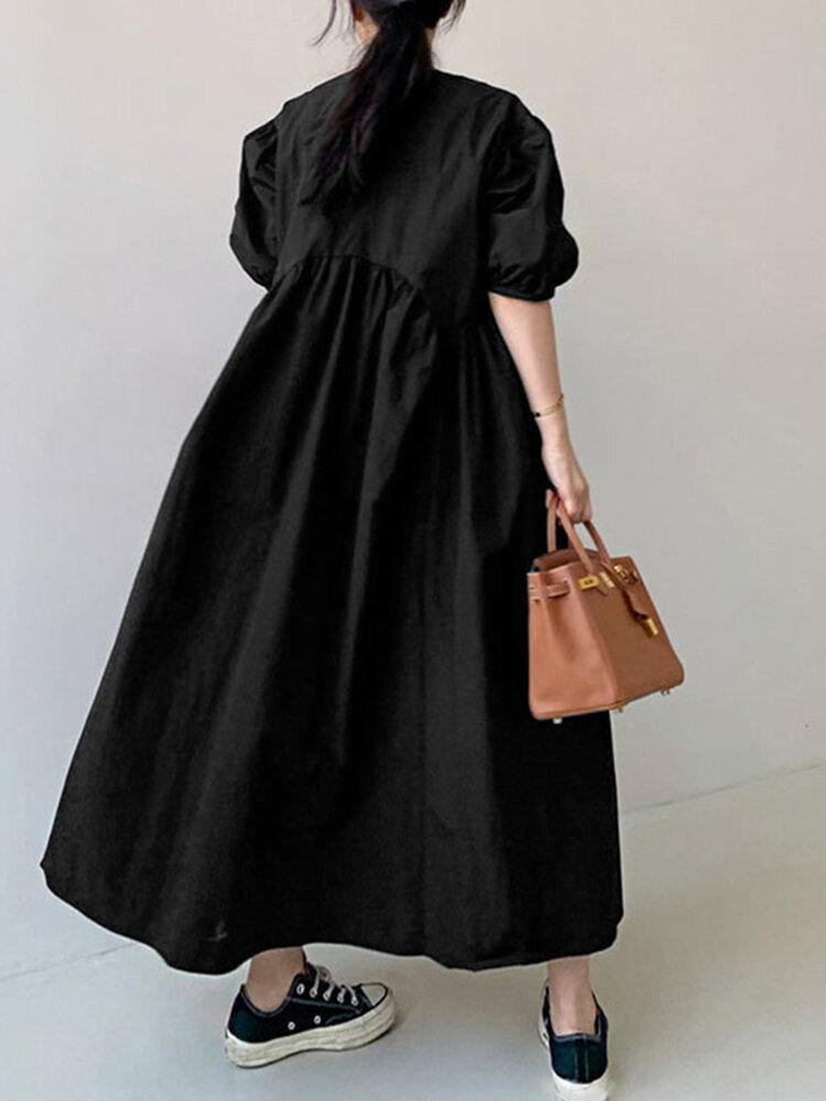 Solid Color Loose Dress with Puff Sleeves and Side Pockets for Women - Trendha