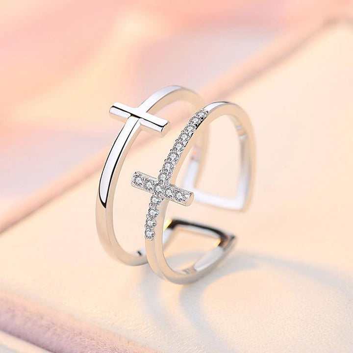 Double Cross Miniature Copper Inlaid Zircon Ring - Trendha
