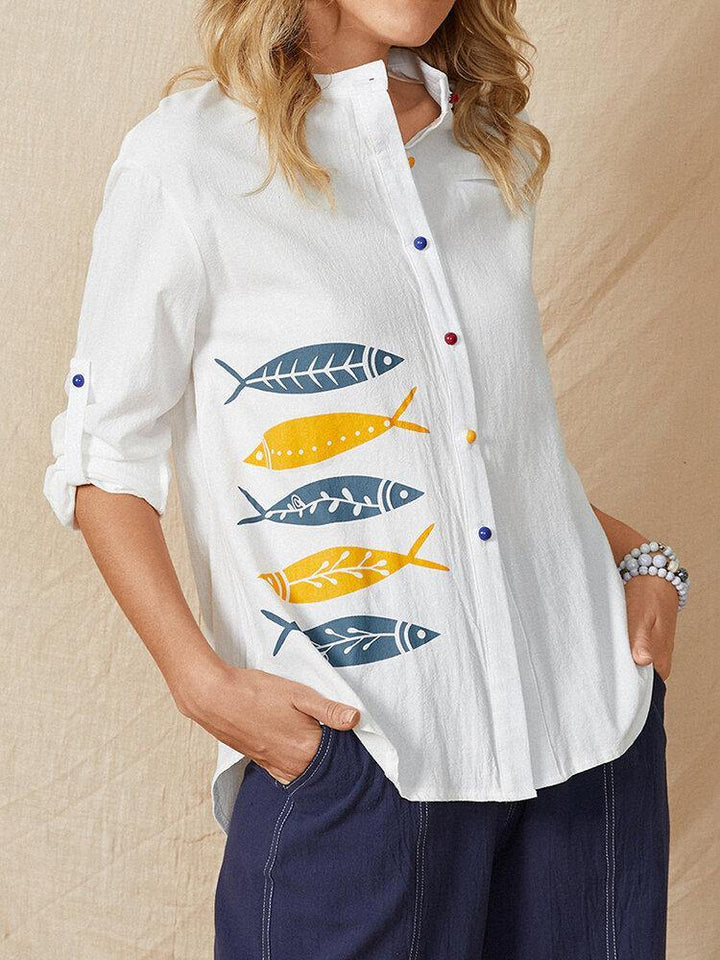 Cartoon Fish Print Button Stand Collar Long Sleeve Casual Blouse For Women - Trendha