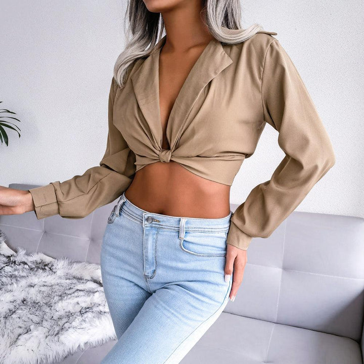 Knot Detail Collared Cropped Top - Trendha