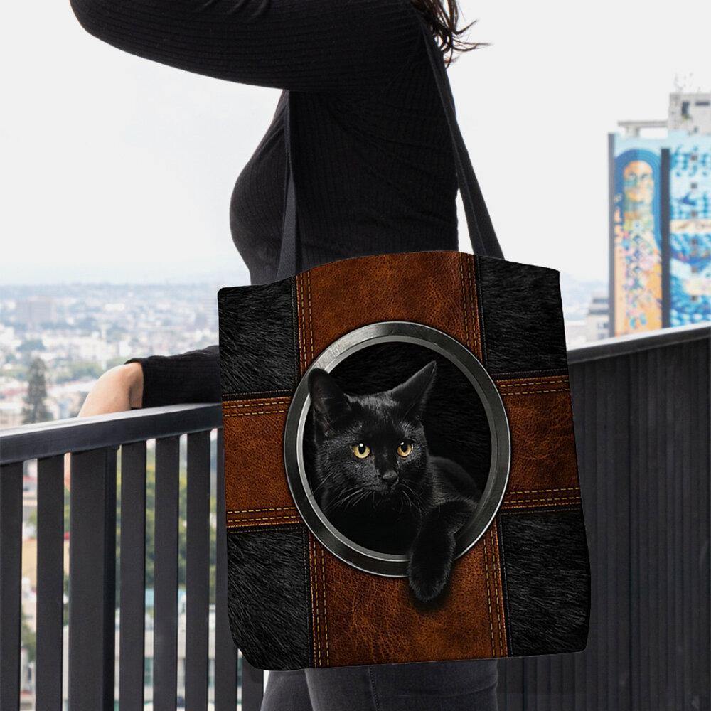 Women Canvas Cute Cartoon Black Cat Print Handbag Tote Shoulder Bag - Trendha