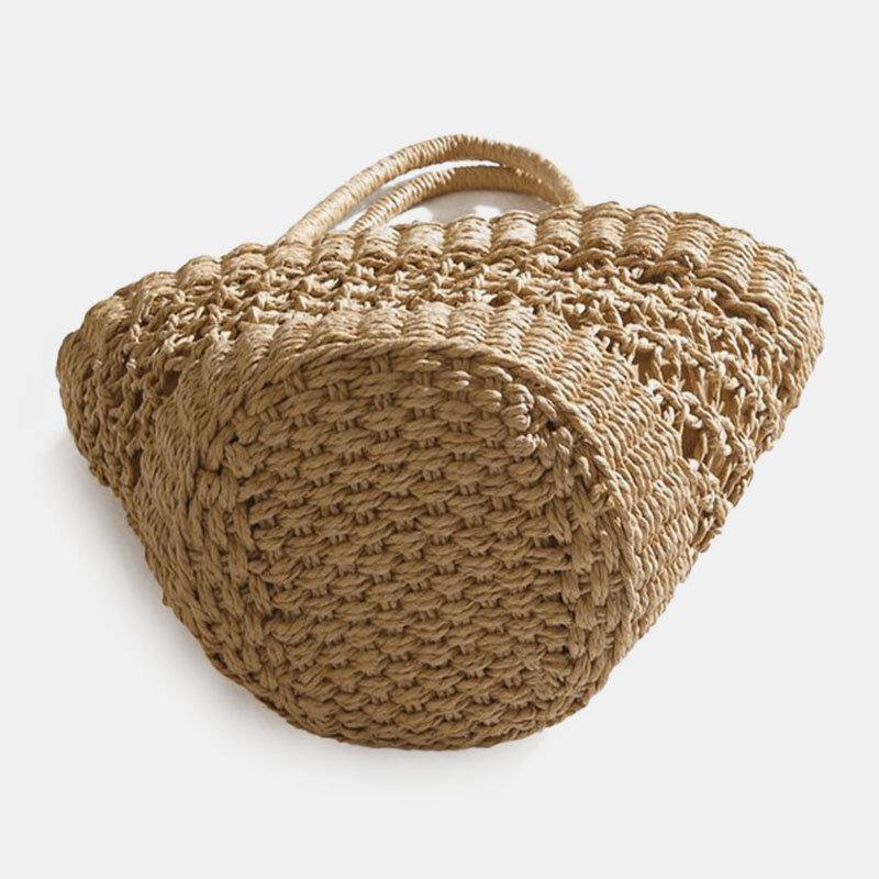 Women Straw Hollow Retro Handmade Paper String Cylindrical Bag Beach Bag Handbag - Trendha