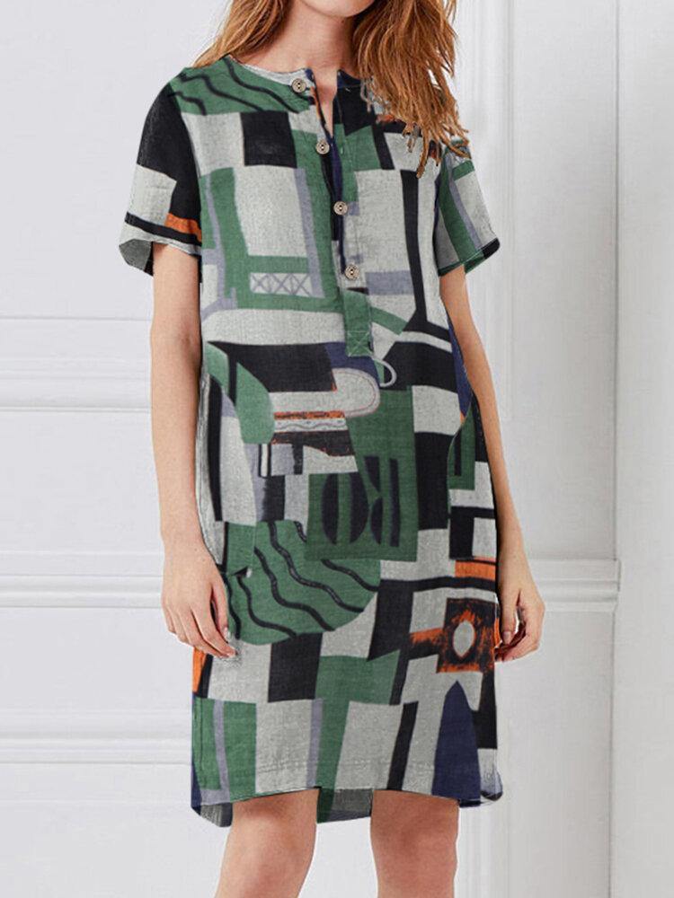 Women Geometry Print Short Sleeve Vintage Dresses with Pockets - Trendha