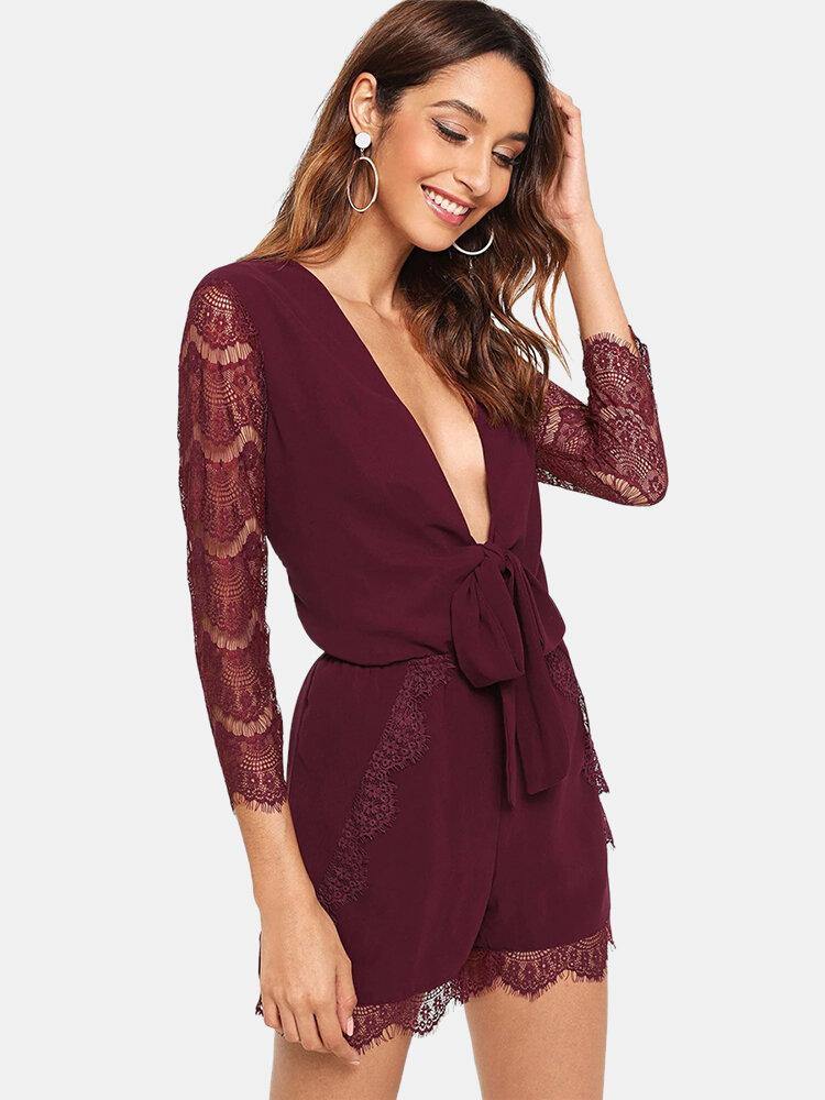 Lace Patchwork V-neck 3/4 Sleeve Casual Mini Dress - Trendha