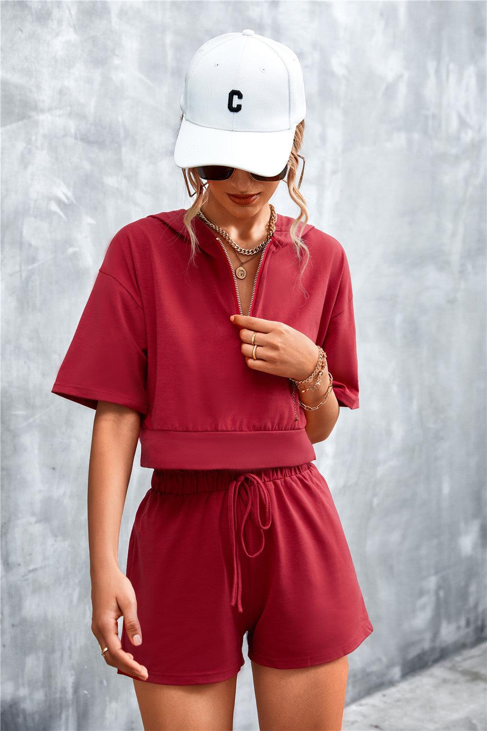Half Zip Cropped Hooded T-Shirt and Shorts Set - Trendha