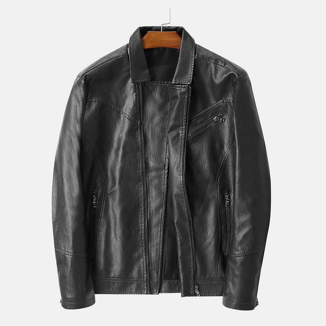 Men Zipper Cuff Multi Pockets Leather Rider Jacket - Trendha