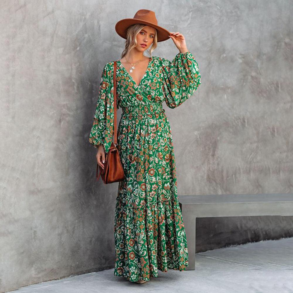 Fashion Printed Lantern Long-Sleeved V-Neck Halter Stitching Dress - Trendha