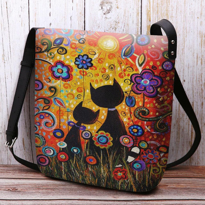 Women Felt Casual Cartoon In Love Cats Back View Floral Pattern Crossbody Bag Shoulder Bag - Trendha