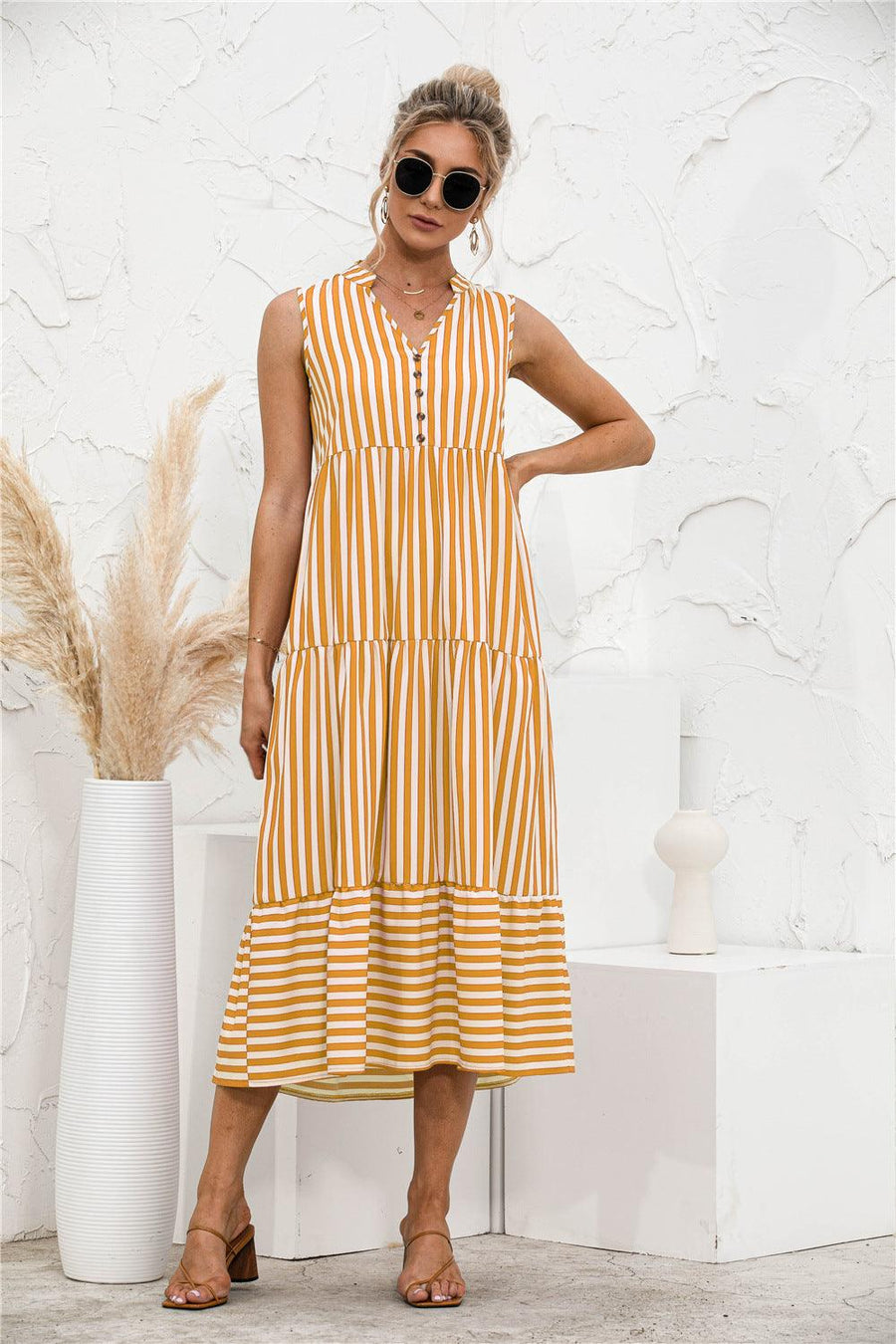Striped Tiered Sleeveless Swing Dress - Trendha