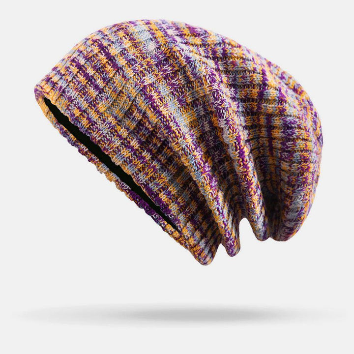 Unisex Woolen Mixed Rainbow Color Stripes Pattern Plus Velvet Thick Warm Couple Hat Beanie Knitted Hat - Trendha