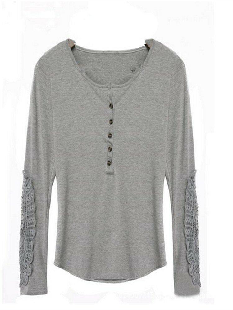 Women Long Sleeve Crochet O-neck Button Embroidery T-shirts - Trendha