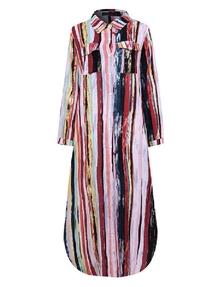 Women Cotton Color Stripe Print Casual Maxi Shirts Dress with Front Pockets - Trendha