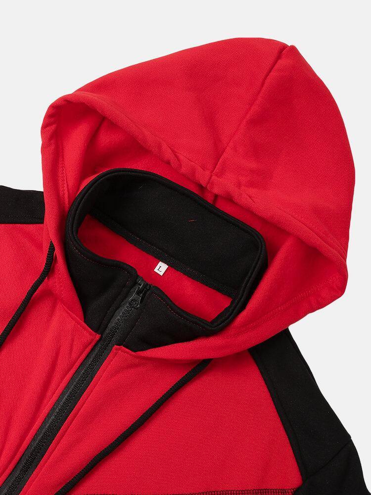 Mens Patchwork Contrast Color Zipper Casual Sports Hooded Jacket - Trendha