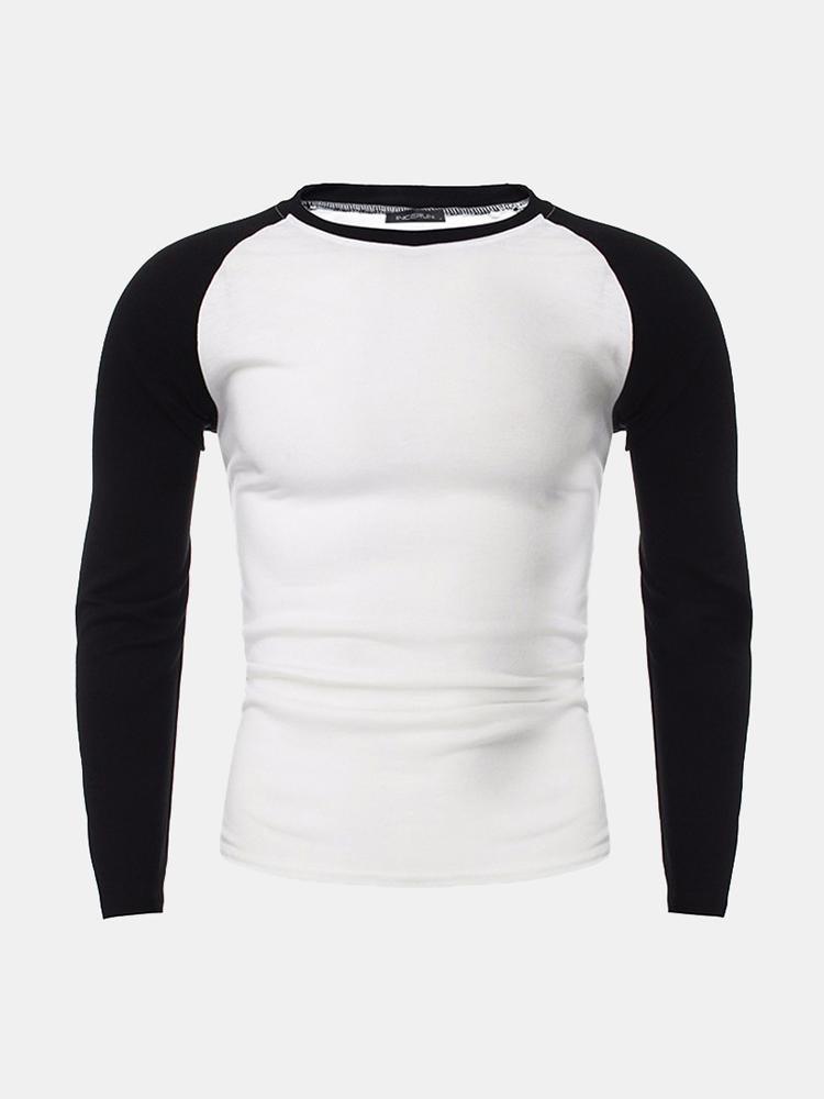 Mens Casual Slim Shirt Crew Neck Raglan Baseball Long Sleeve T-shirt Sports Tops - Trendha