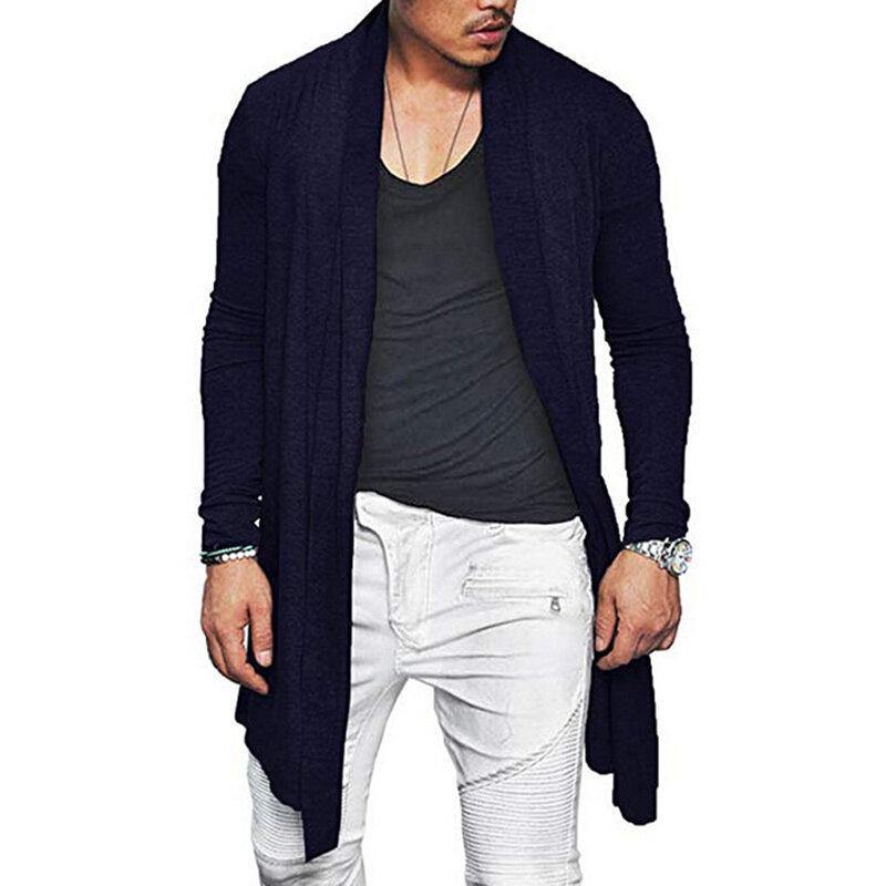 Mens Spring Fall Mid Long Solid Color Casual Cardigans with Pocket Jacket - Trendha