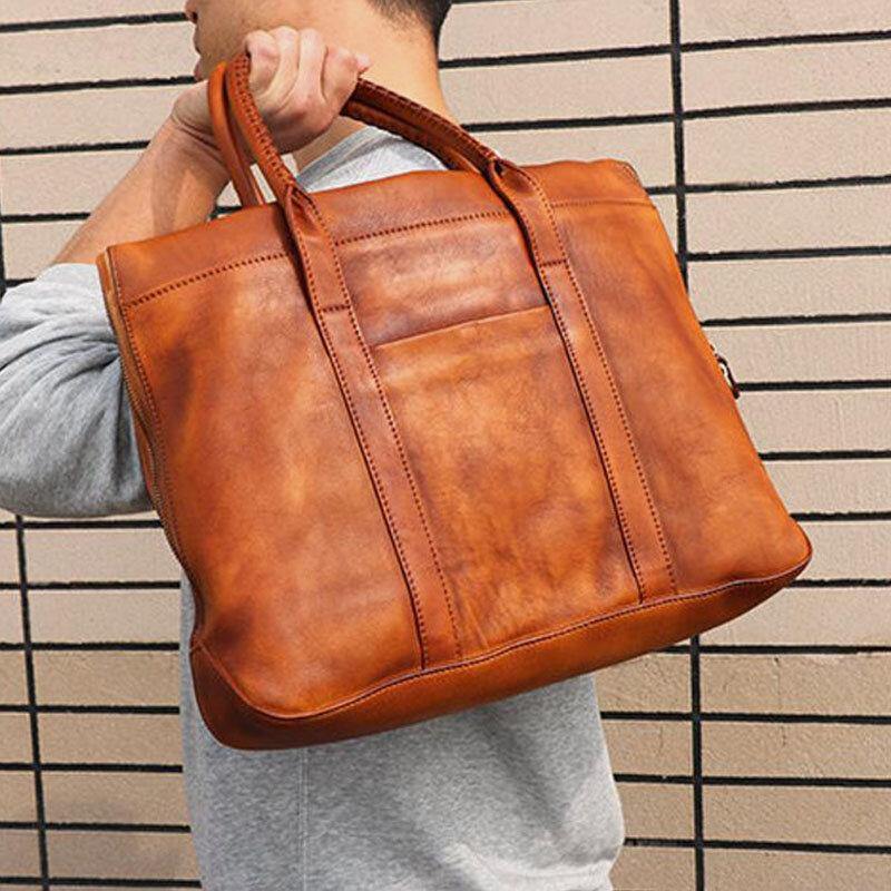 Men Genuine Leather Retro Multi-pocket 15.6 Inch Laptop Bag Briefcase Business Handbag Crossbody Bag - Trendha