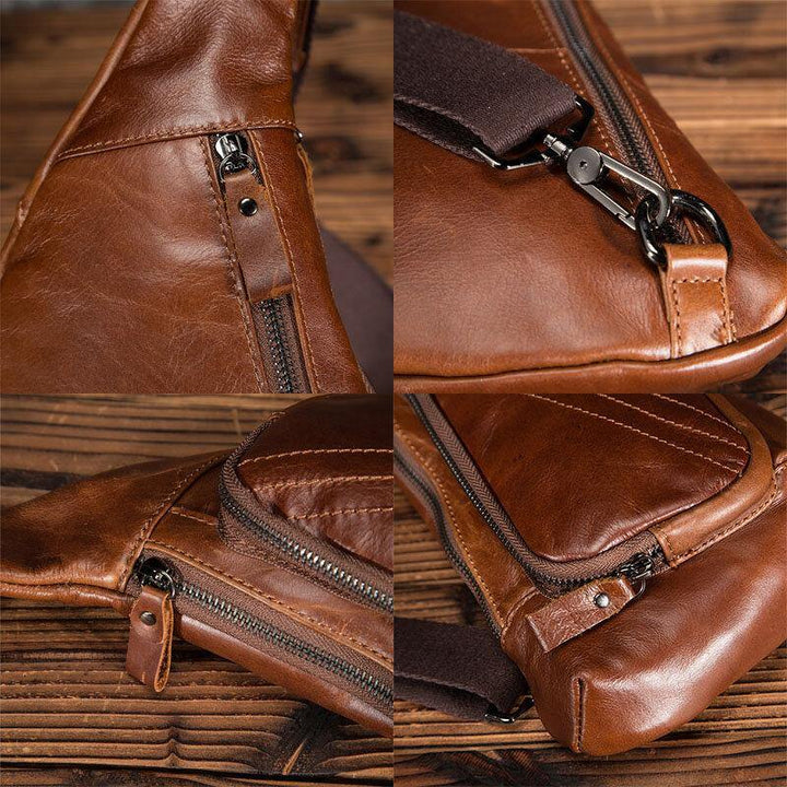 Men Genuine Leather Multi-Pocket Retro 9 Inch Large Capacity Waterproof Phone Chest Bags Crossbody Bag - Trendha