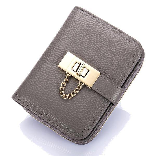 Women Genuine Leather Zipper Card Holder Chain Lock Short Purse Wallets - Trendha