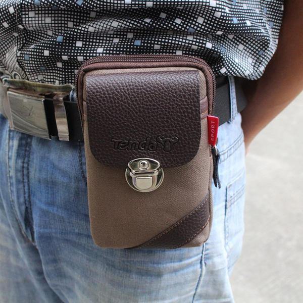 Men Canvas&Leather Belt Phone Bag Waist Bag Outdoor Crossbody Bag for 5.5 in Phones - Trendha