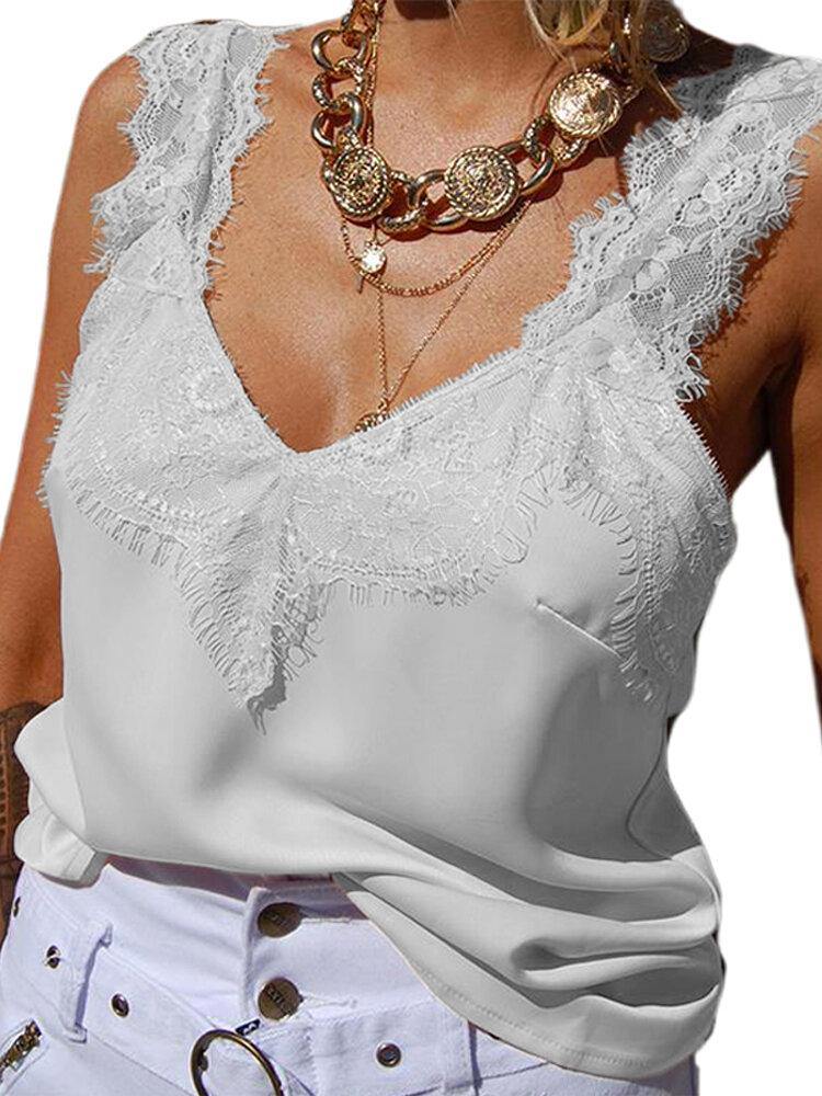 Women Lace Strap Casual Clubwear V-neck Vest Tank Tops - Trendha