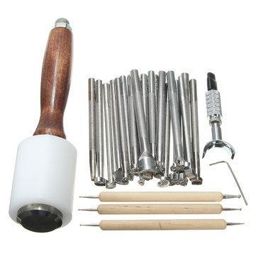 25pcs Leather DIY Carved Wooden Hammer Stainless Steel Printing Toolkits - Trendha
