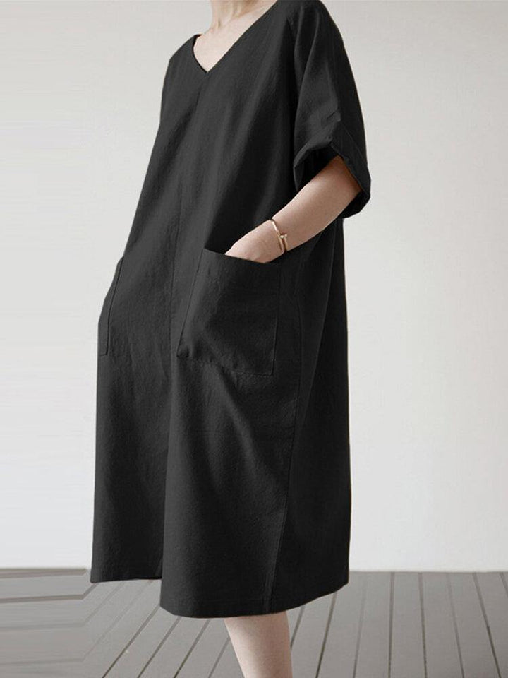 Solid Color V-neck Half Sleeve Plain Casual Pocket Dress - Trendha