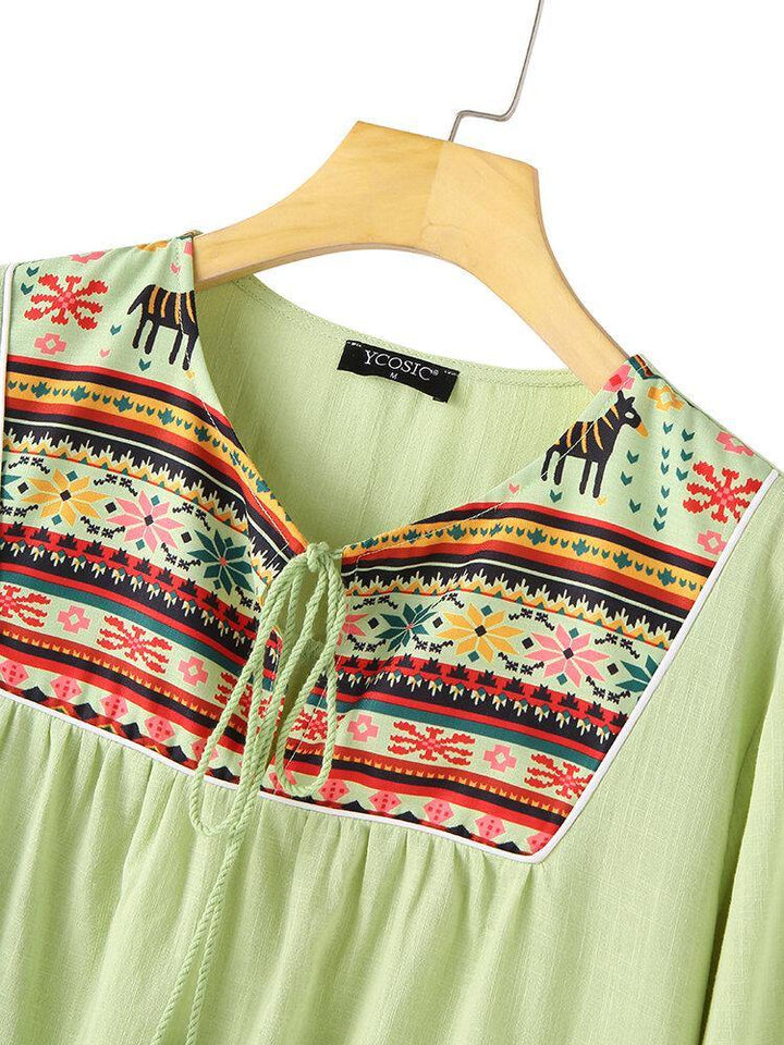 Bohemian Ethnic Print Patchwork Tassel Long Sleeve Dress For Women - Trendha