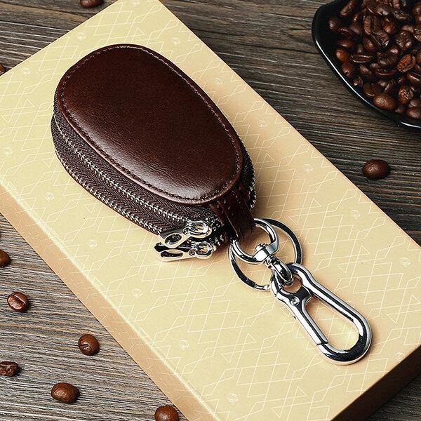 Men Genuine Leather Minimalist Wallet Double Zipper Car Key Case Key holder - Trendha